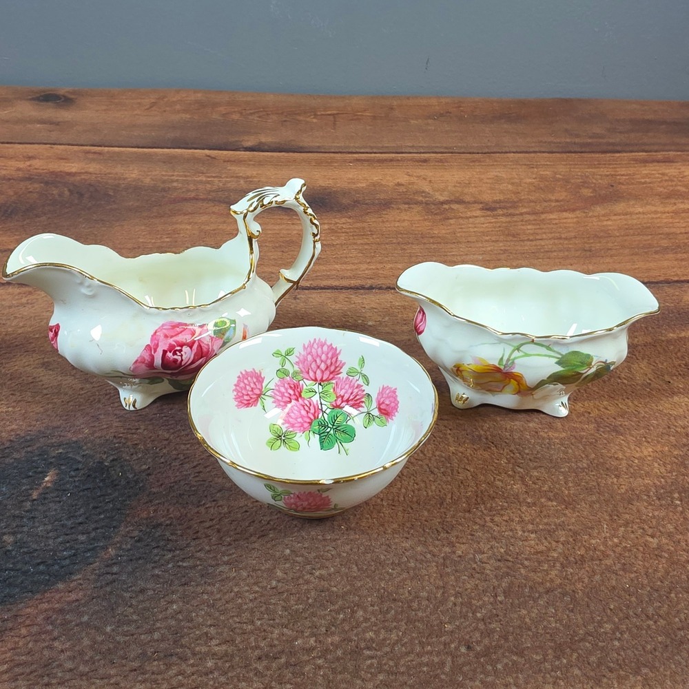 Hammersley &Co Tea Set Creamer Sugar Bowl Bone China White Excellent Floral Gilt